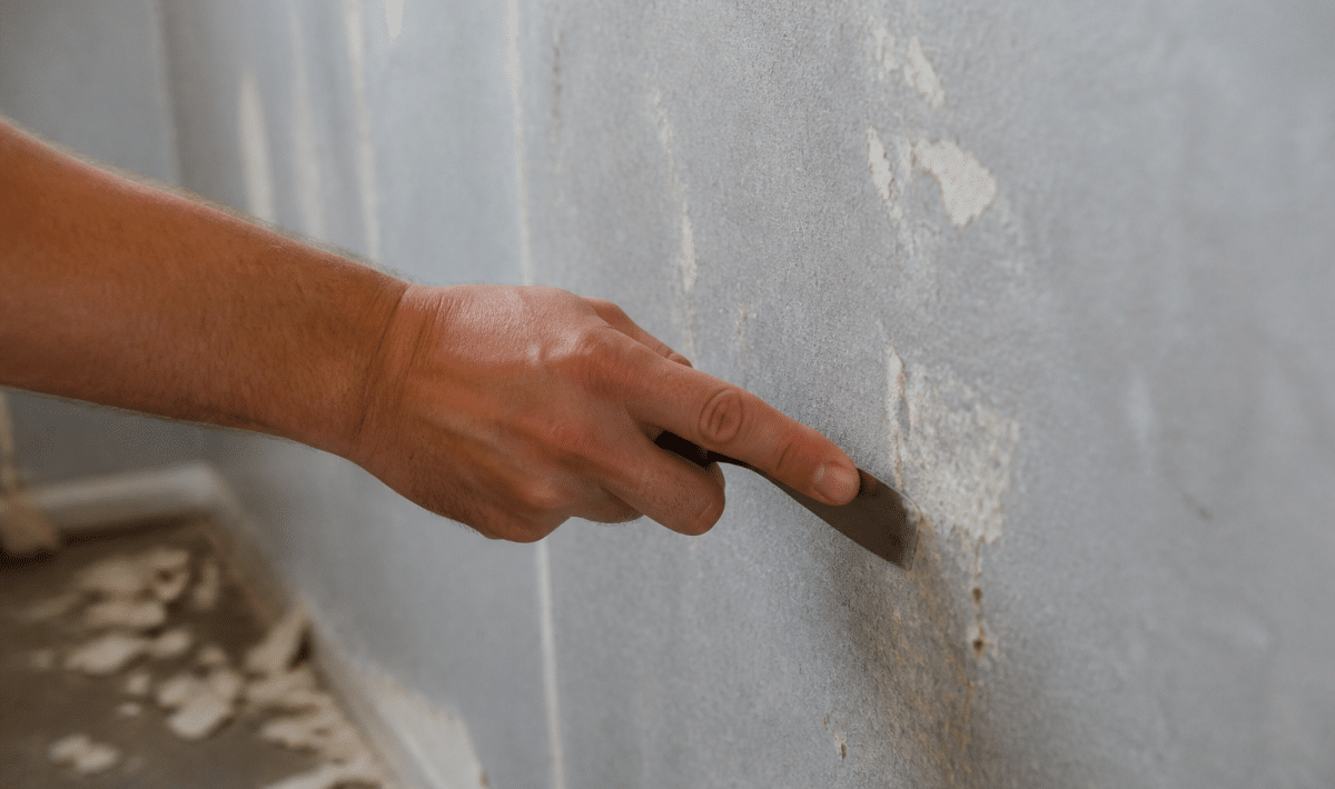 Main grattant doucement residus adhesifs sur papier peint gris