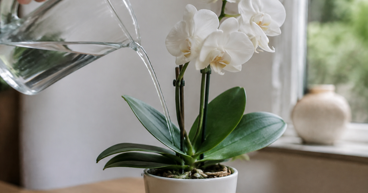 Main versant eau sur orchidee blanche en ceramique