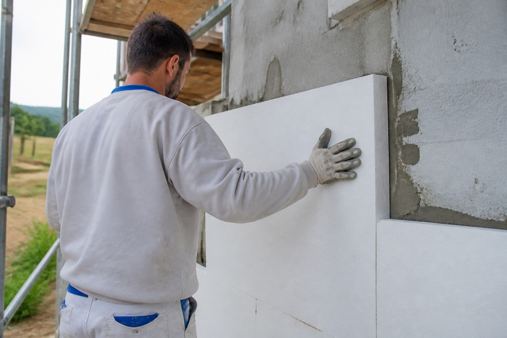 Ouvrier posant isolant thermique sur facade batiment