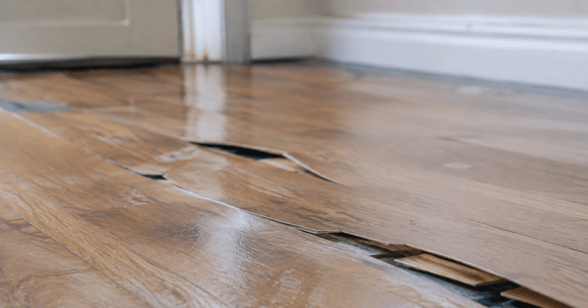 Planches de parquet gonfles soulevees apres infiltration d'eau