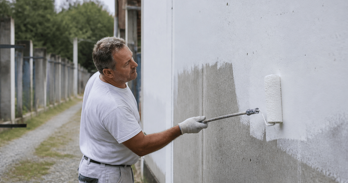 Peintre appliquant peinture blanche sur mur beton exterieur