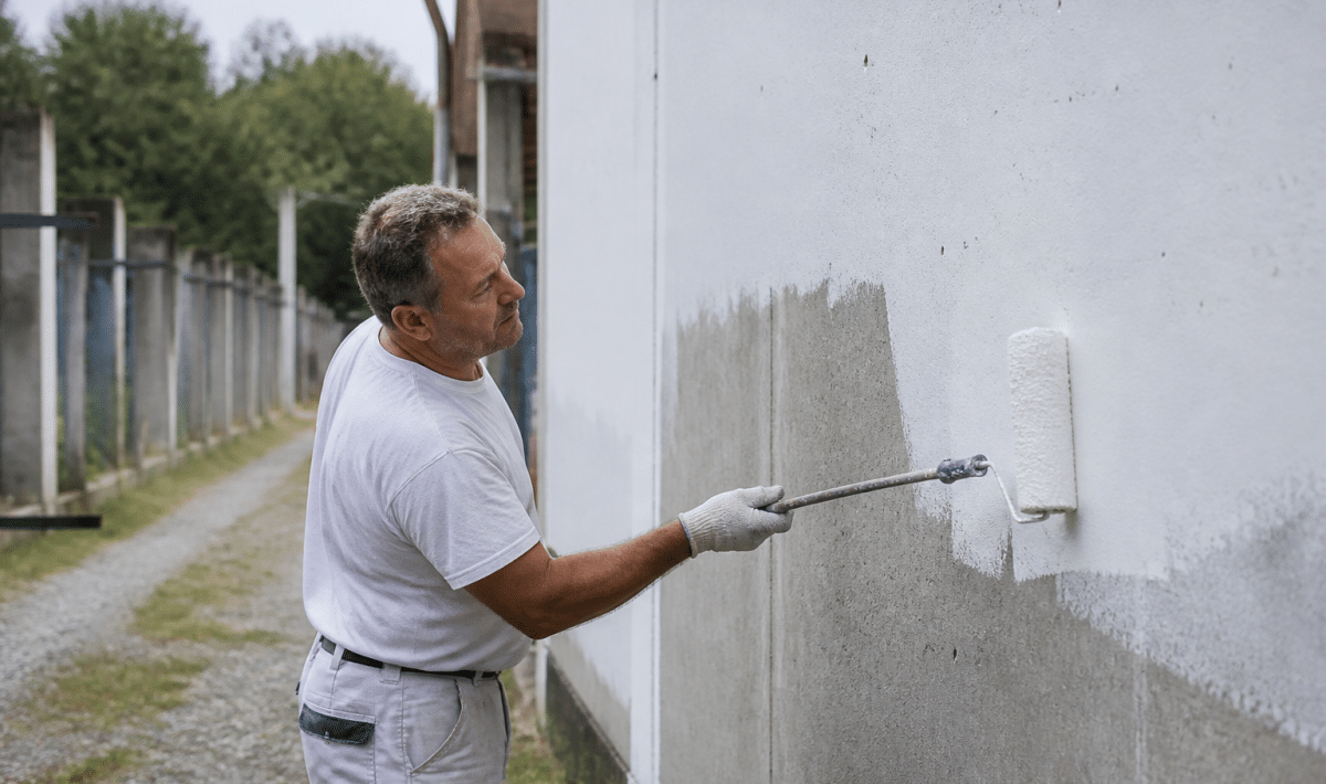 Peintre appliquant peinture blanche sur mur beton exterieur