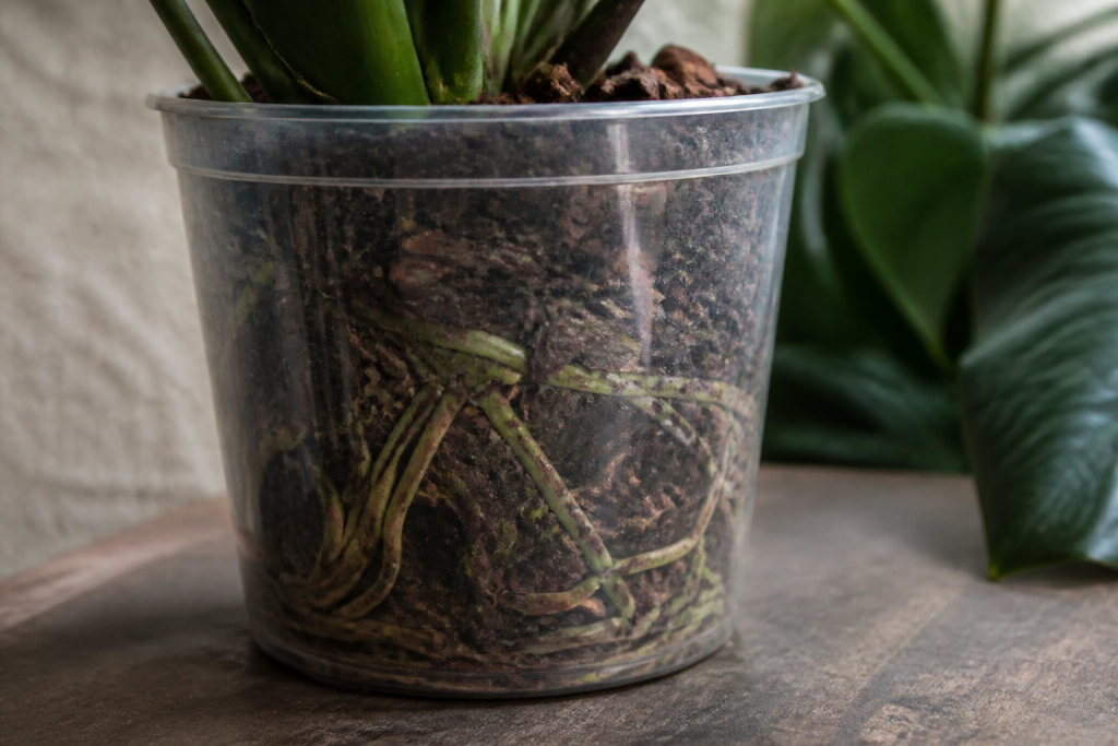 Pot transparent montrant racines et ecorces de pin