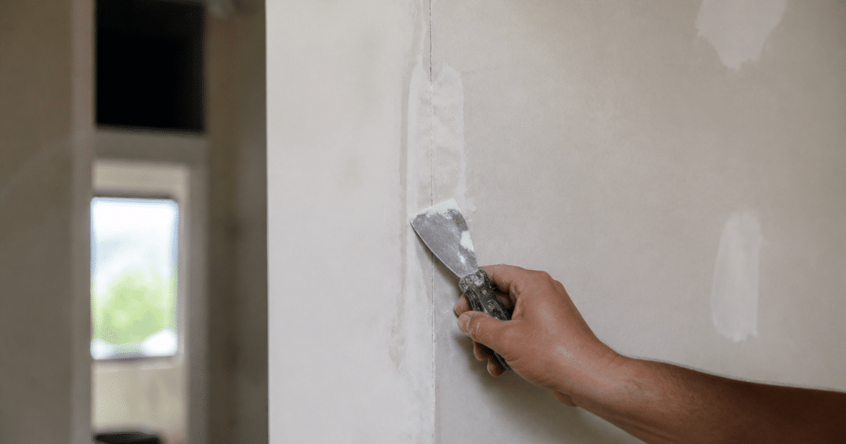 Main applicant spatule blanche sur fissure verticale placo