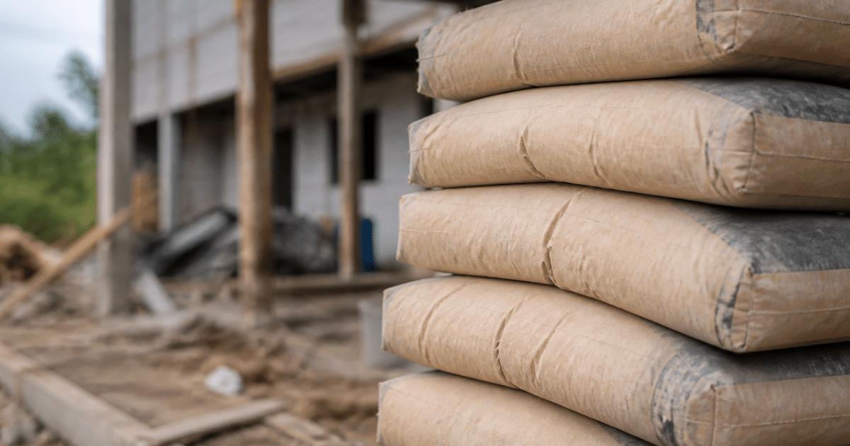 Sacs de mortier empiles verticalement sur chantier construction