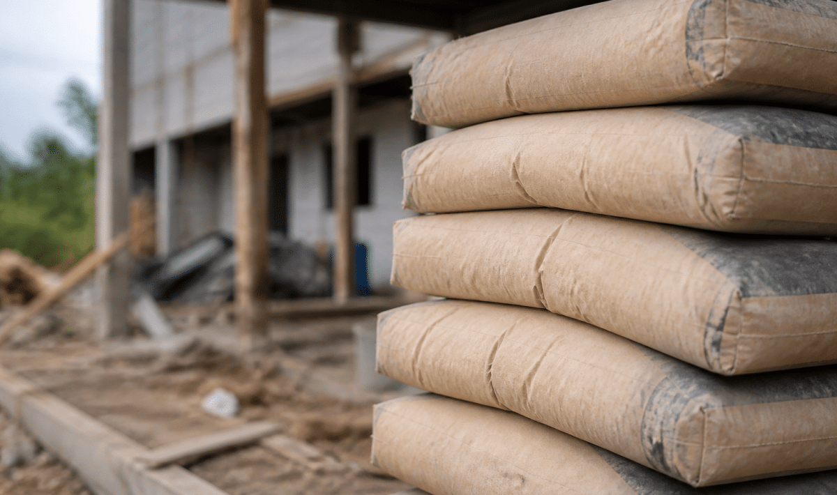 Sacs de mortier empiles verticalement sur chantier construction