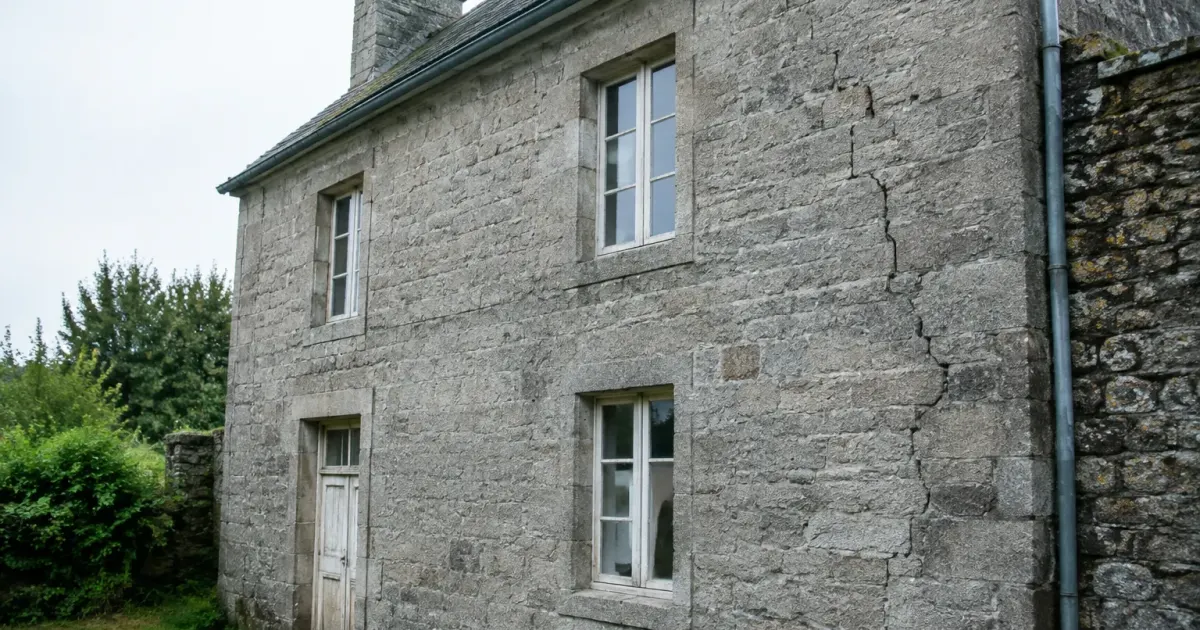 Ancien batiment en pierre grise avec fissures visibles