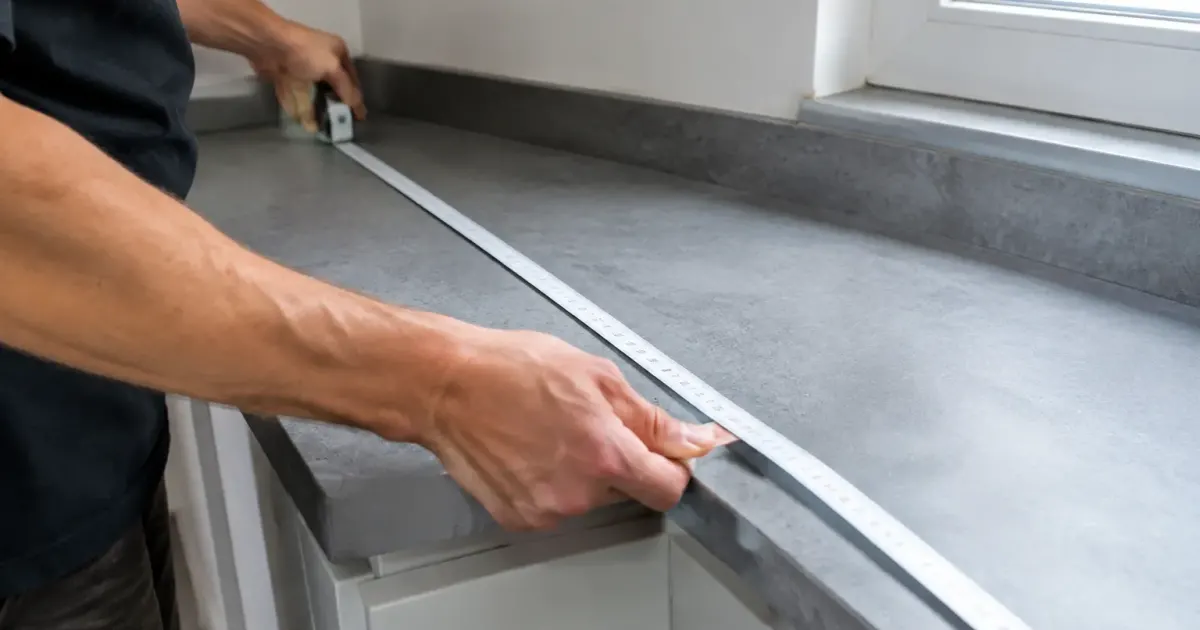 Mains mesurant comptoir gris avec meter ruban blanc