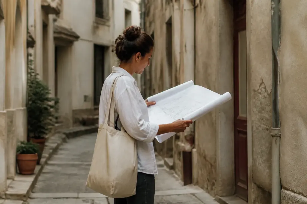 Personne explorant rues avec plans immobiliers