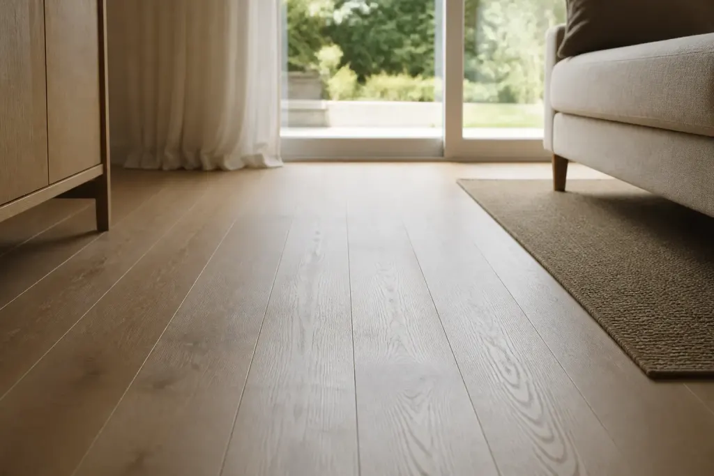 Lames de parquet clair alignees vers une fenetre lumineuse