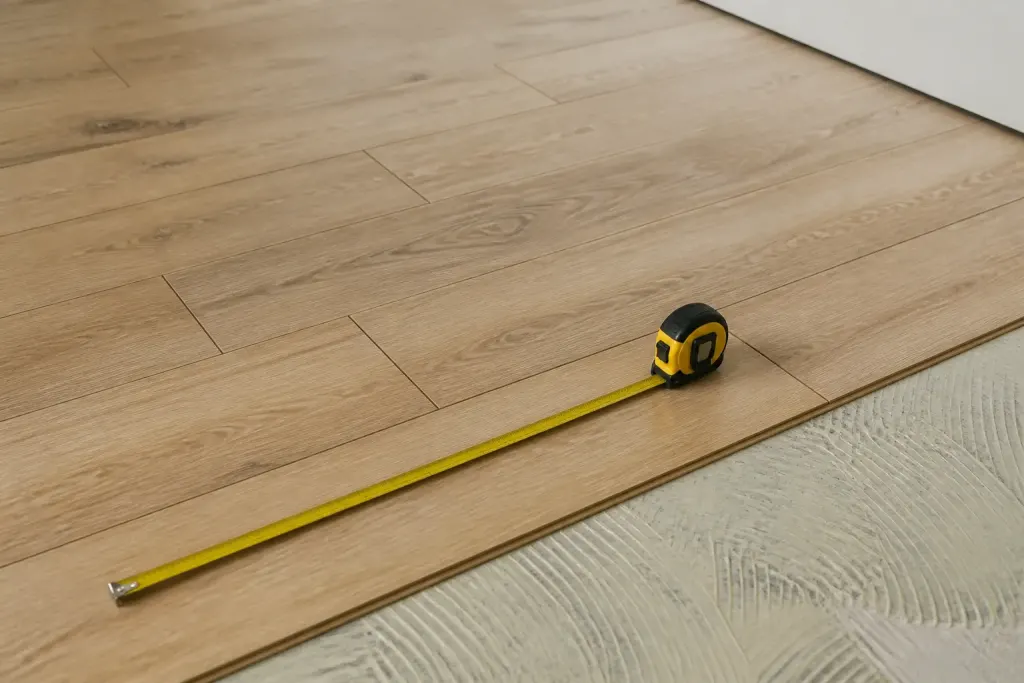 Lames de parquet clair decalees, metre ruban jaune
