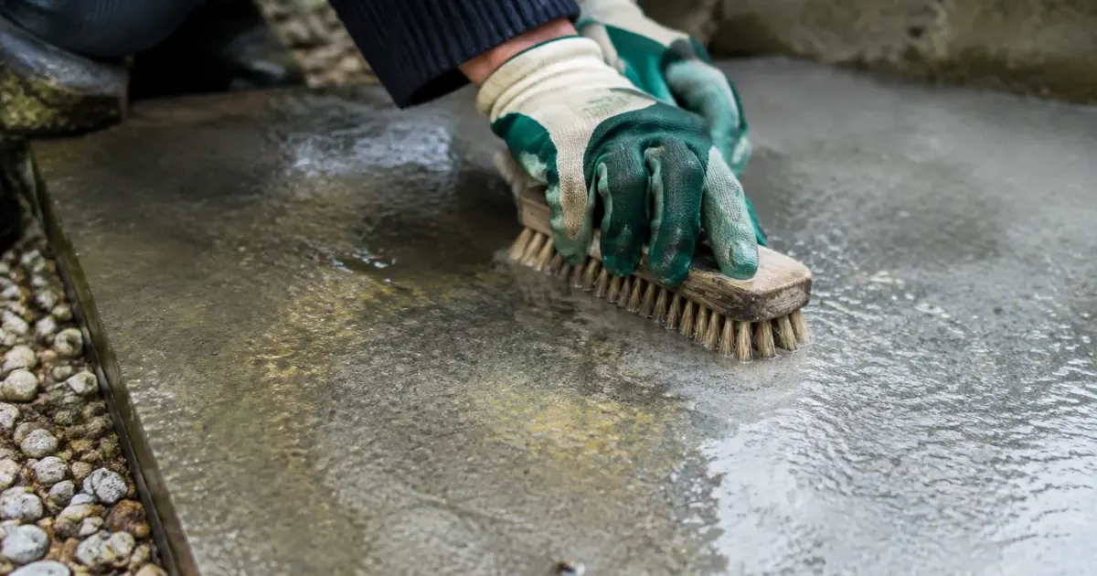 Mains gantees frottant une dalle grise avec brosse