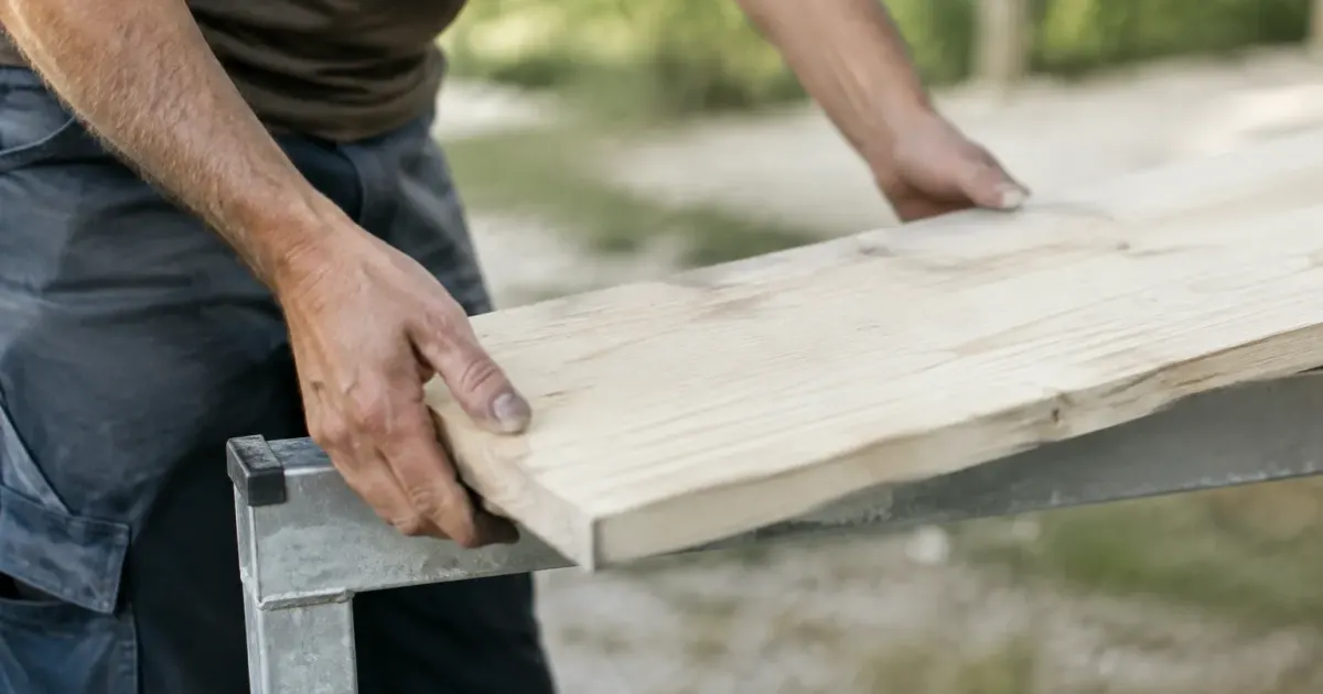 Mains posant une planche claire sur un support metallique