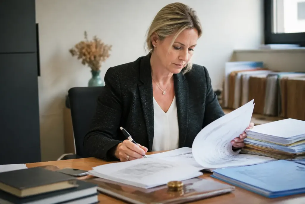 Notaire examine dossiers construction sur bureau