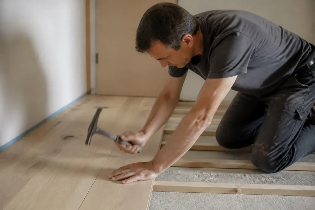 Ouvrier clouant des lames de parquet perpendiculaires aux lambourdes