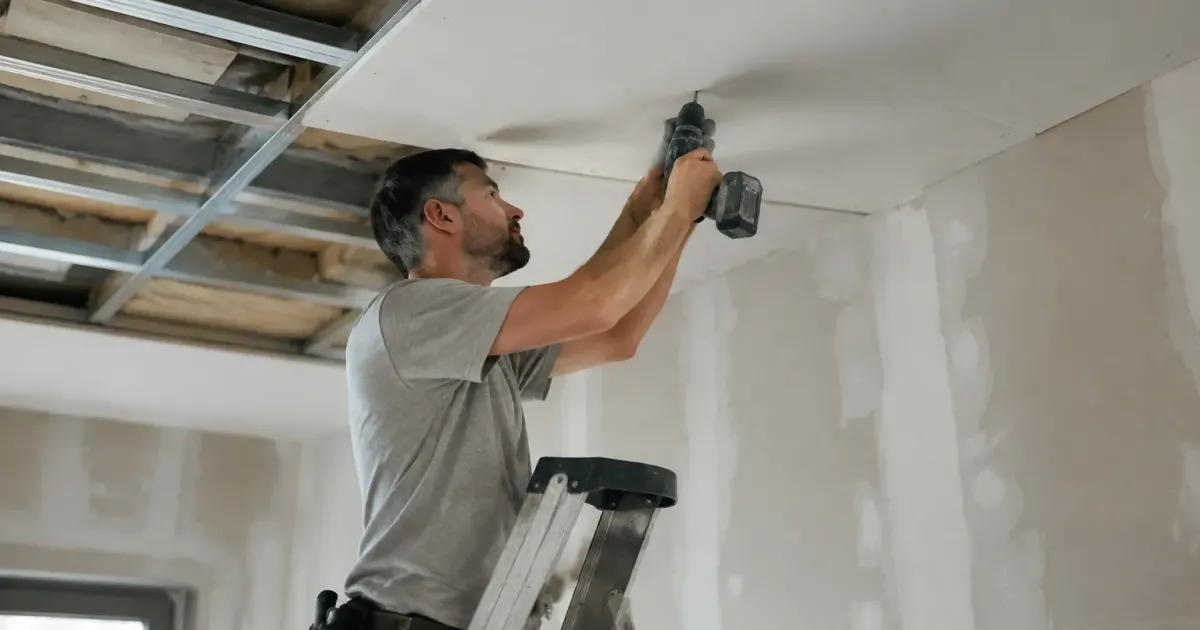 Ouvrier sur escabeau vissant un panneau blanc sous dalle