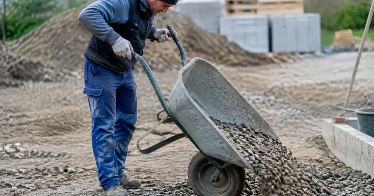 Ouvrier incline une brouette grise sur le chantier