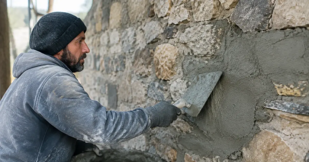 Ouvrier appliquant mortier gris sur paroi pierre brute