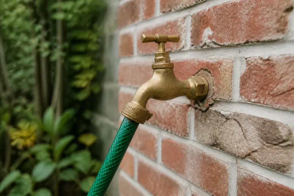 Robinet laiton sur mur de briques avec tuyau vert