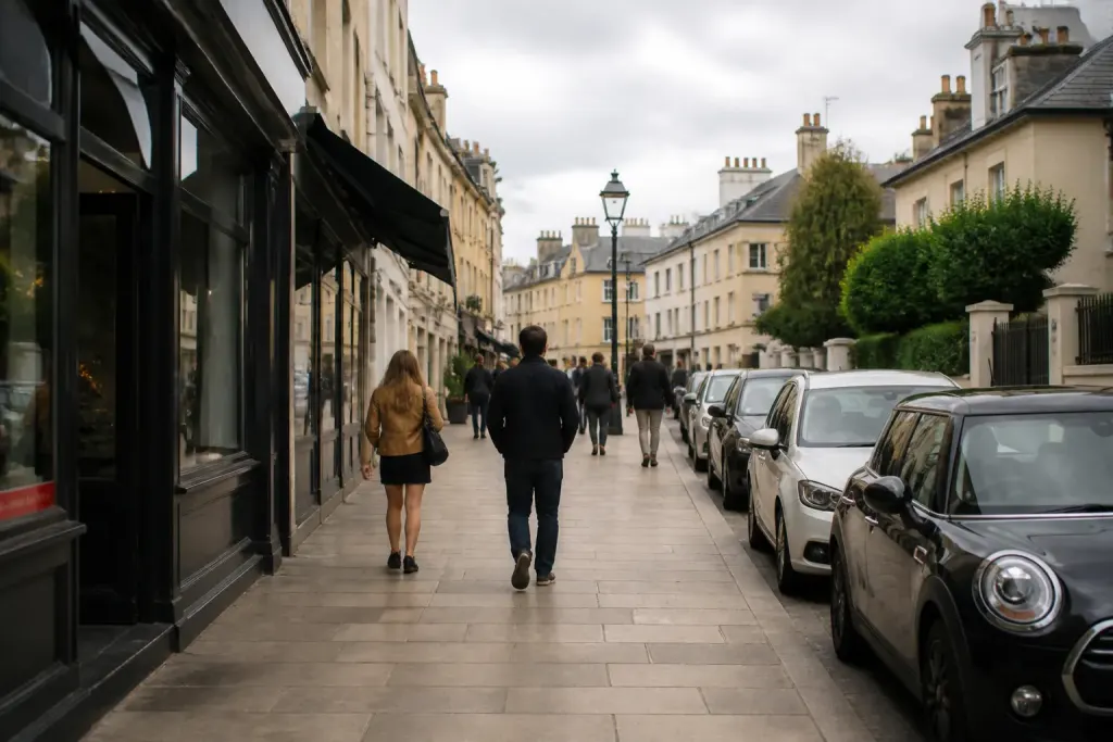 Rue animee commerces maisons residentielles calmes