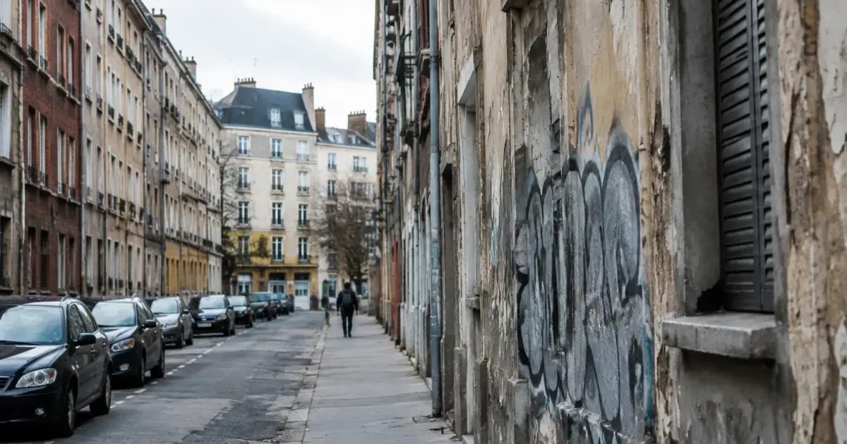 Rue urbaine grise avec immeubles negliges et graffitis