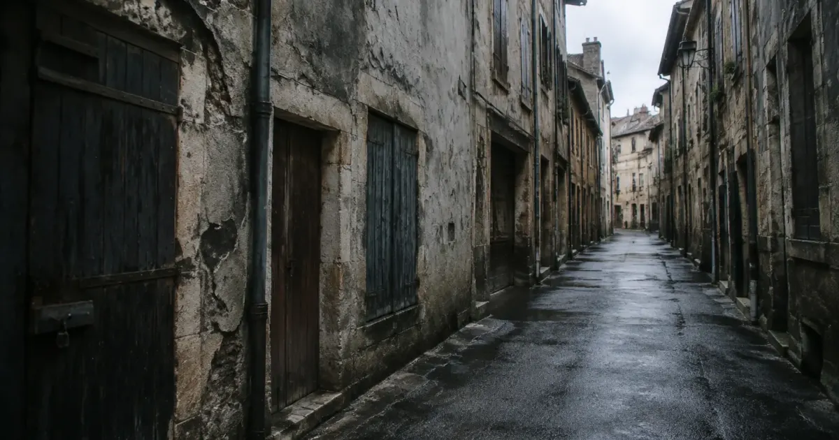 Rues sombres avec batiments delabres et portes fermees