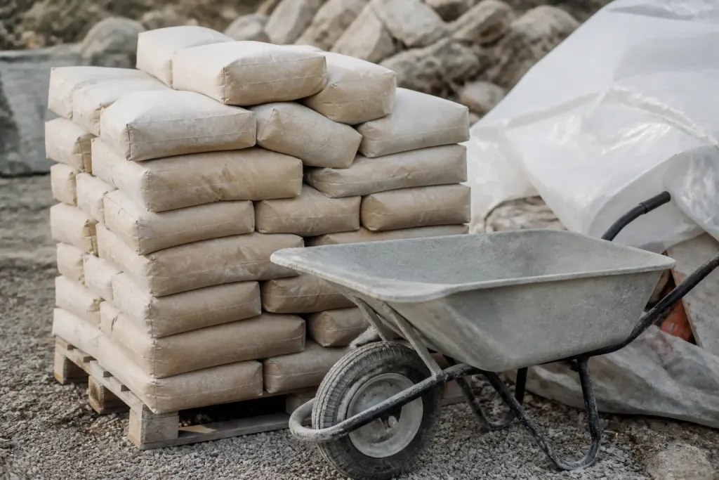 Sacs de ciment empiles sur chantier avec brouette grise