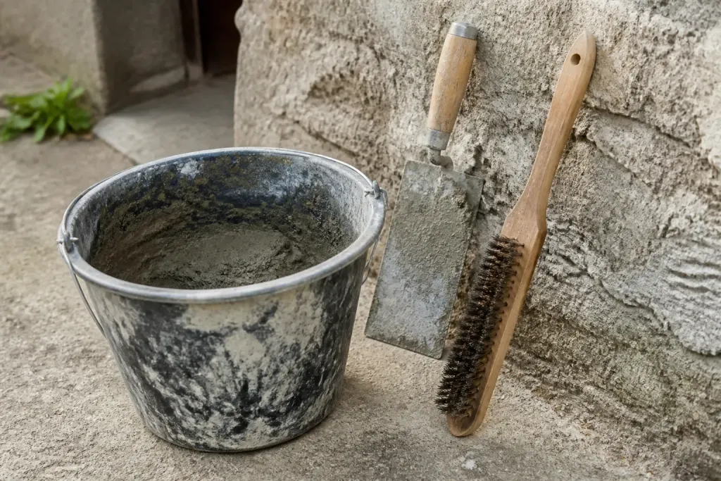 Truelle seau mortier brosse metal contre mur